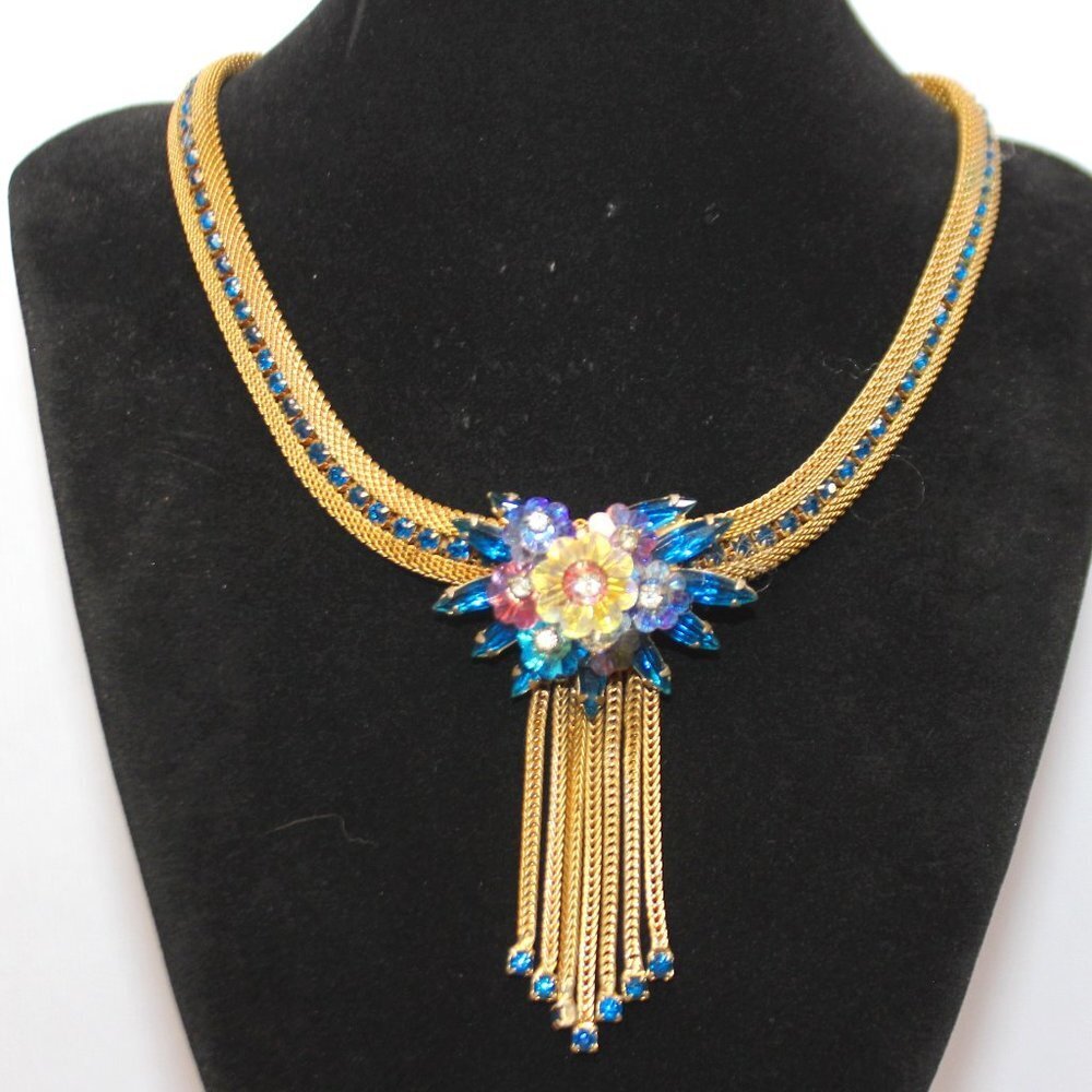 Vintage Delizza & Elster Mesh Rhinestone Necklace with Dangles